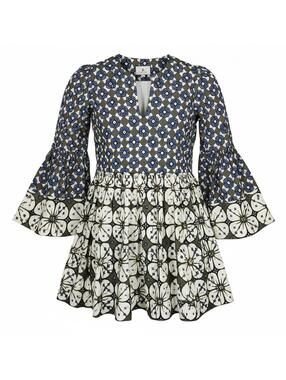 Tuckernuck Cottagecore Batik Print Izzie Dress Long Bell Sleeve Blue XS NWT